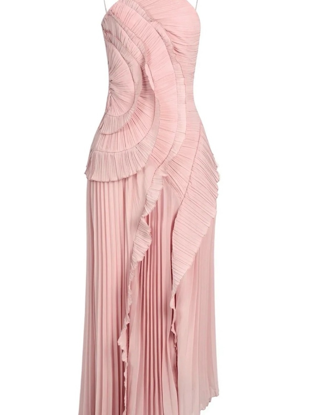 Elegant Pink Pleated Ruffle Evening Dress